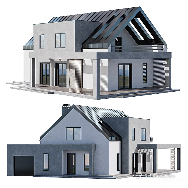 Modern Detached Villa Featuring Gray Roof Large Windows Terrace And White Exterior Walls 3d model 