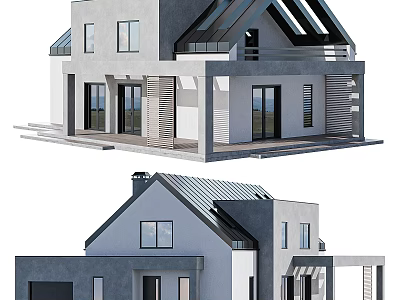 Modern Detached Villa Featuring Gray Roof Large Windows Terrace And White Exterior Walls 3d model