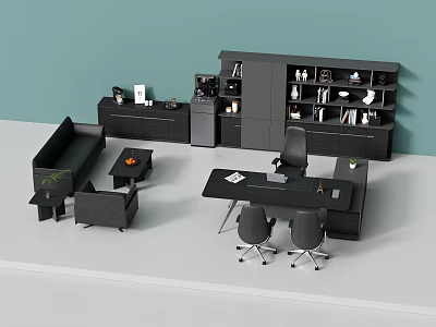 Modern Office Desk Interior With Ergonomic Chairs Bookshelf Sofa And Coffee Table 3d model