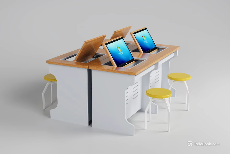 School Learning Station With Wooden Table Tablet Devices And Yellow Stools 3d model