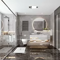 Modern Bathroom Interior With Shower Area Vanity Toilet And Round Mirror