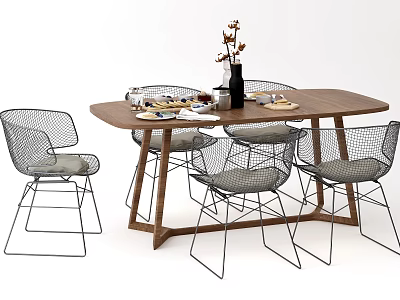 Oval Wooden Dining Table Set With Black Metal Mesh Chairs And Tabletop Decorations 3d model