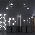 Modern Pendant and Floor Lamp Combination With Golden Stands White Spherical Bulbs and Black Bases
