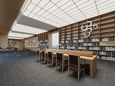 Modern Library Interior Design With Bookshelves And Reading Area 3d model
