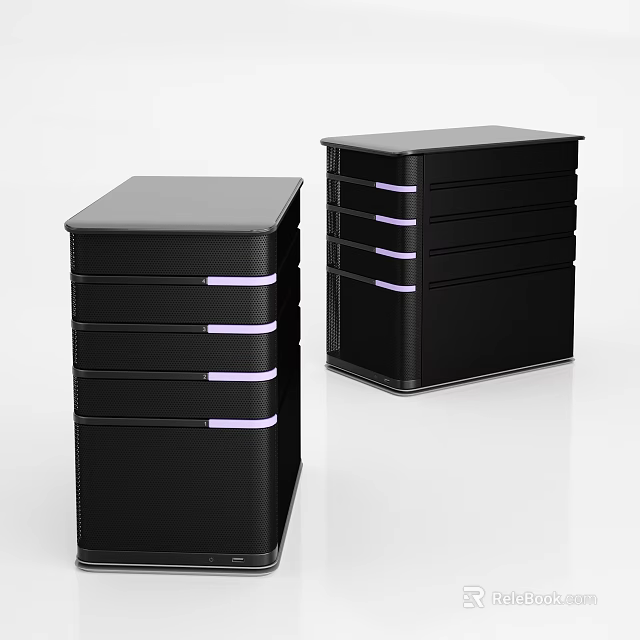 Modern Black Display Shelves With Two Drawer Units And Purple Trim 3d model 