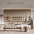 Elegant Tea Room Interior Design With Wooden Shelves Tea Sets Long Table And Stool Seats
