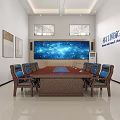 Modern Conference Room With Long Wooden Table Blue Chairs Large Digital Screen And Wall Paintings