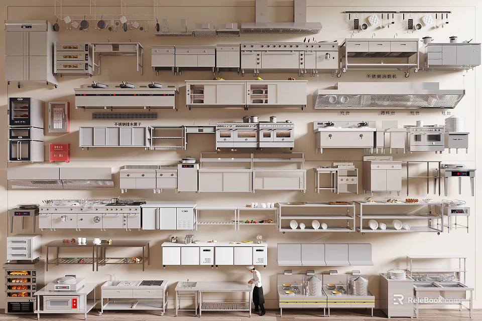 Efficient Commercial Kitchen Interior With Stainless Steel Appliances Worktables And Cabinets 3d model 