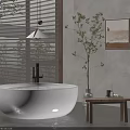 White Freestanding Round Bathtub With Wooden Blinds Natural Light Green Plant And Decorative Painting