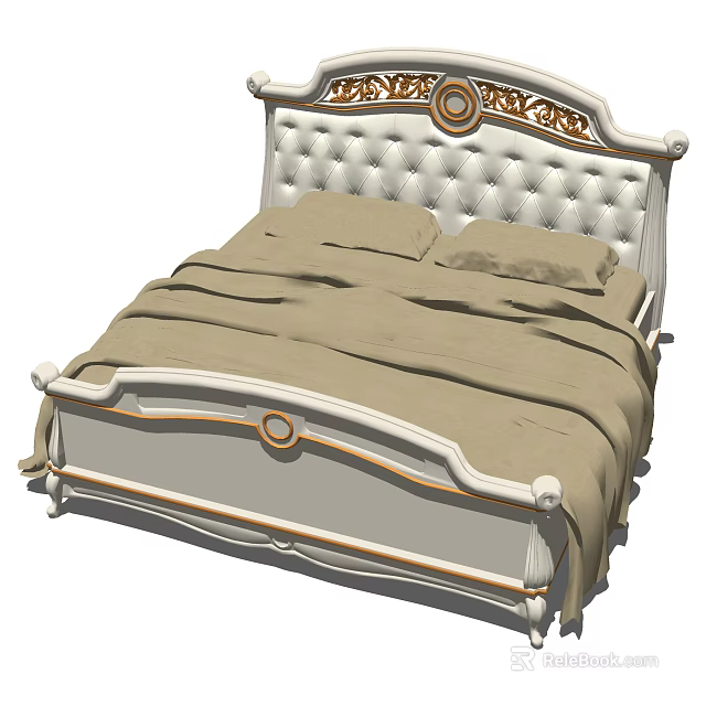 Luxurious Double Bed With Upholstered Button Tufted Headboard Gold Accents And Beige Linens 3d model 