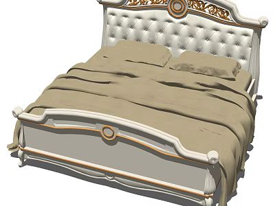 Luxurious Double Bed With Upholstered Button Tufted Headboard Gold Accents And Beige Linens 3d model