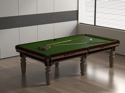 Elegant Wooden Billiard Table With Green Felt Surface Balls And Cues In Modern Room 3d model