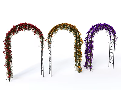 Decorative Floral Arches With Red Orange Purple Flowers And Metal Stands 3d model
