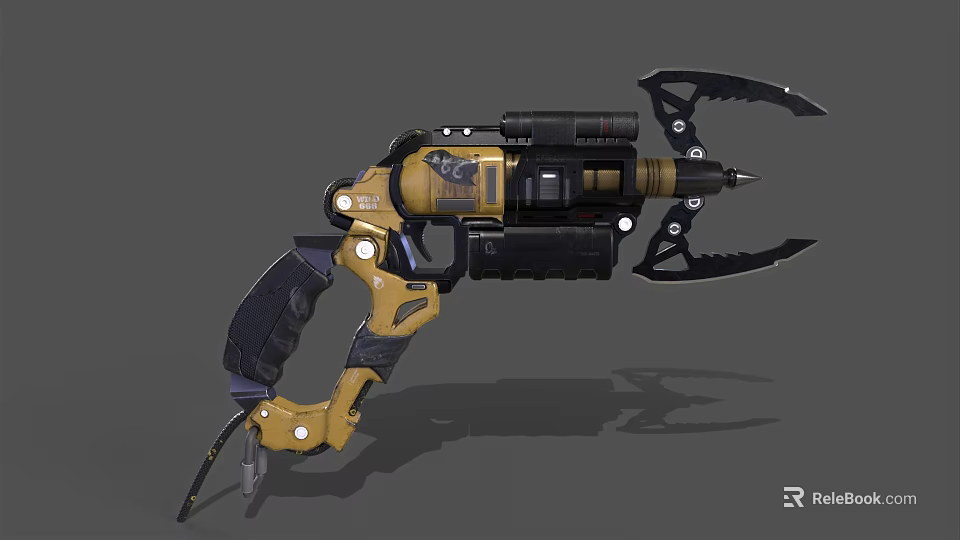 Futuristic Mechanical Weapon With Yellow Black Design And Claw Like Front Barrel Components 3d model 