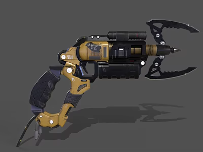 Futuristic Mechanical Weapon With Yellow Black Design And Claw Like Front Barrel Components 3d model