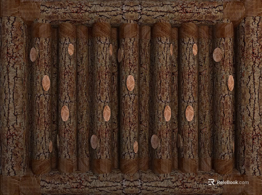 Rustic Wooden Log Background Wall With Natural Bark Texture And Annual Rings 3d model 