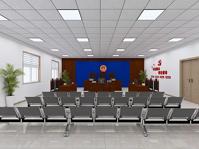 Courtroom Interior Design Of Court With Judges Bench Blue Backdrop Seats And Green Plants 3d model