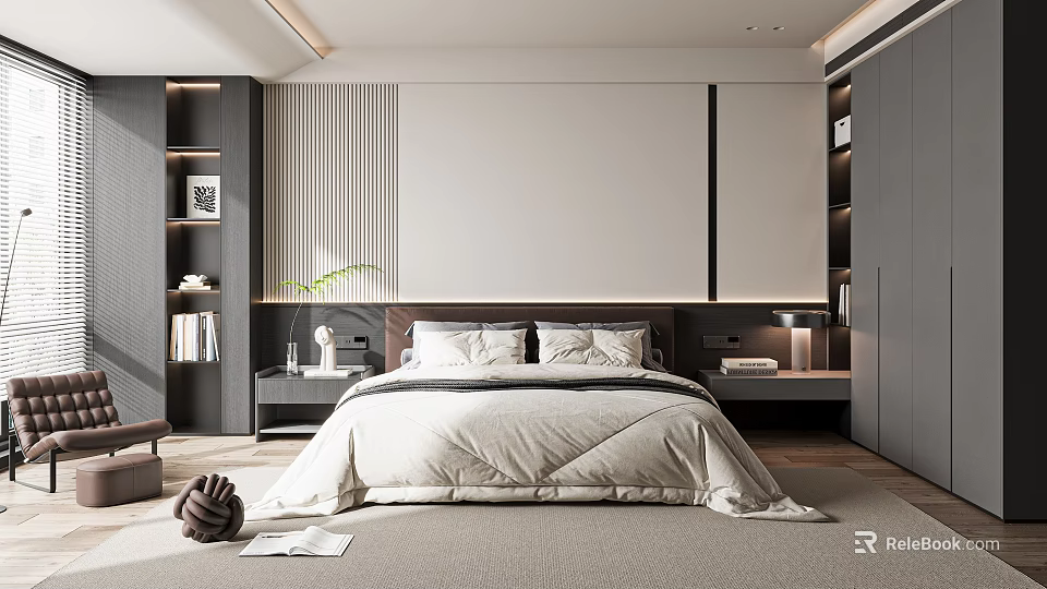 Modern Bedroom Interior With White Quilt Bed Gray White Walls Nightstands And Bookshelves Soft Carpet 3d model 