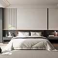 Modern Bedroom Interior With White Quilt Bed Gray White Walls Nightstands And Bookshelves Soft Carpet