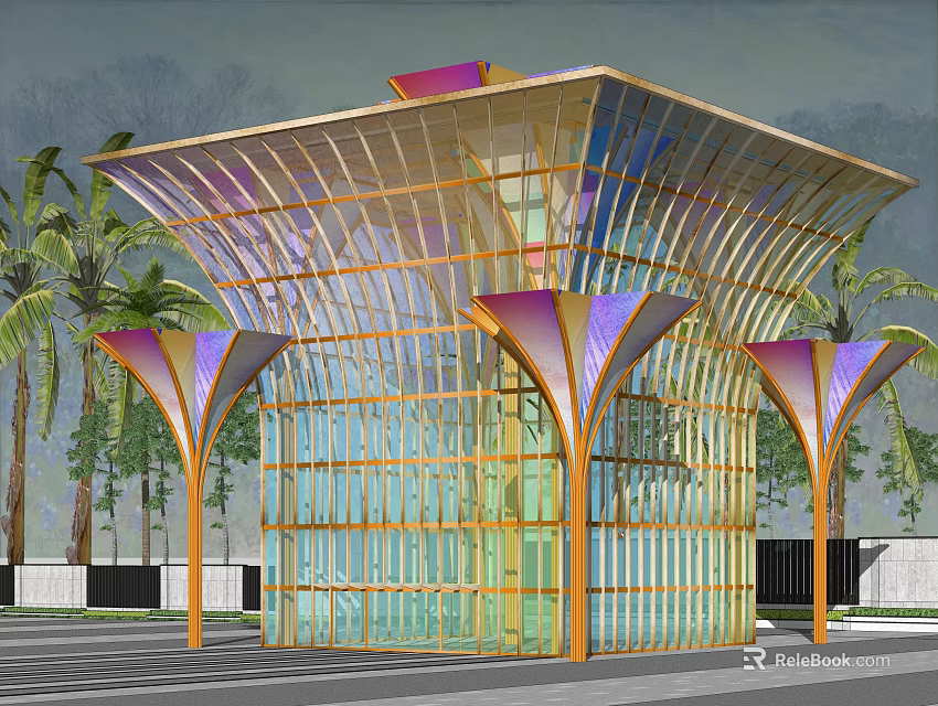 Modern Colorful Glass Pavilion With Metal Frame And Surrounding Palm Trees 3d model 