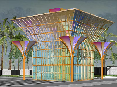 Modern Colorful Glass Pavilion With Metal Frame And Surrounding Palm Trees 3d model