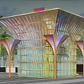 Modern Colorful Glass Pavilion With Metal Frame And Surrounding Palm Trees