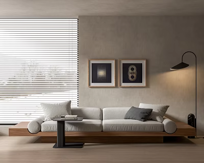 Light Colored Double Sofa With Gray Wall Two Framed Paintings Floor Lamp And Window Blinds 3d model