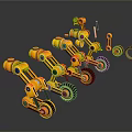Golden Robotic Arms With Multiple Joints And Wheels Arranged On Dark Background With Reflections
