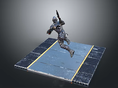 Armored Humanoid Character With Weapon On Grid Platform With Yellow Lines 3d model