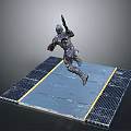 Armored Humanoid Character With Weapon On Grid Platform With Yellow Lines