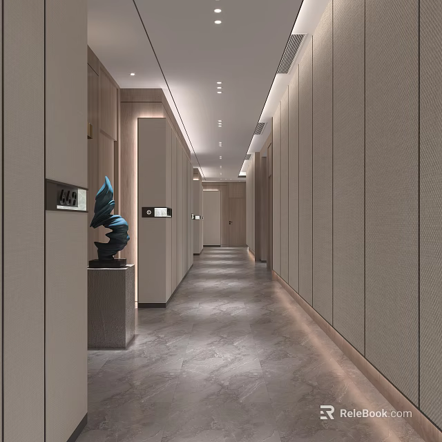 Hotel Corridor Interior With Beige Walls Gray Marble Flooring Recessed Lighting And Minimalist Sculpture Decor 3d model 