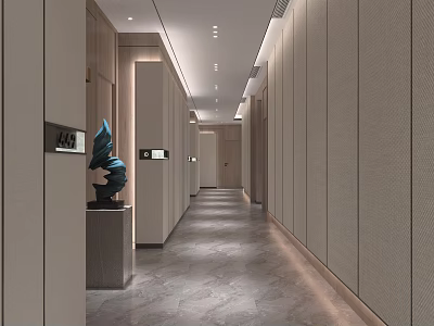 Hotel Corridor Interior With Beige Walls Gray Marble Flooring Recessed Lighting And Minimalist Sculpture Decor 3d model