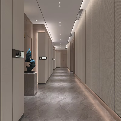 Hotel Corridor Interior With Beige Walls Gray Marble Flooring Recessed Lighting And Minimalist Sculpture Decor 3d model