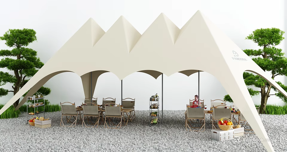 Stylish Outdoor Tables Under Beige Tent Canopy With Chairs Plants And Fruit Crates 3d model 