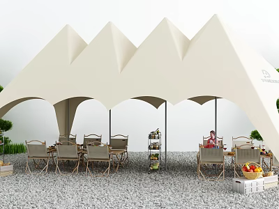 Stylish Outdoor Tables Under Beige Tent Canopy With Chairs Plants And Fruit Crates 3d model