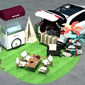 Outdoor Floral Installation With Car Trunk Canopy Cart Tent And Lawn Furniture