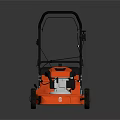 Orange Hand Push Lawn Mower With Black Handle And White Wheels Standing On Dark Background