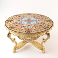 Ornate Round Coffee Table With Golden Carved Frame And Patterned Tabletop 3d model