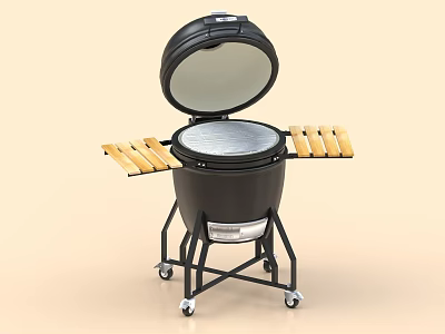 Black Barbecue Grill With Open Lid Wooden Side Handles And Wheeled Stand For Outdoor Cooking 3d model
