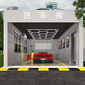 Red Sports Car Showroom with Wall Posters at Modern Car Dealership