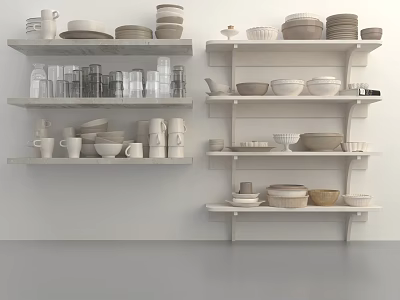 Stylish Dinnerware Set Display With White Shelves Mugs Plates Bowls And Glassware 3d model