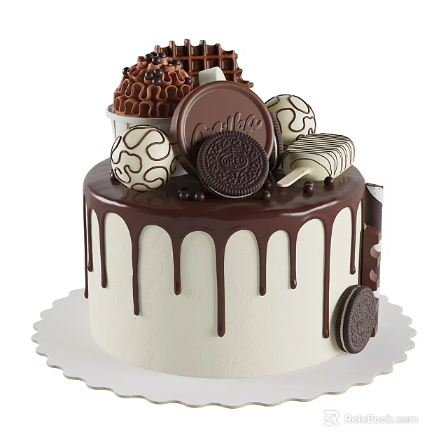 Dessert Shop Special Chocolate Cake With Cream Layers Chocolate Drizzle Cookies And Balls 3d model 
