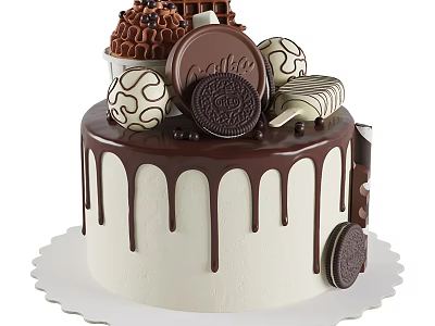 Dessert Shop Special Chocolate Cake With Cream Layers Chocolate Drizzle Cookies And Balls 3d model