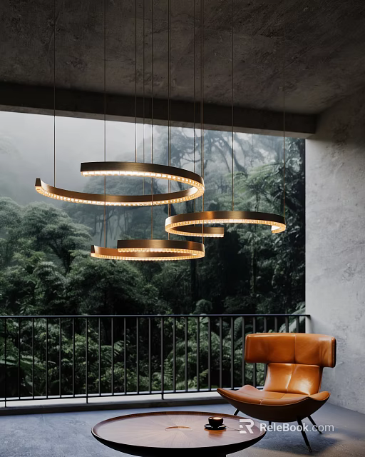 Contemporary Ring Design Chandelier with Warm Lighting and Lush Forest View in Interior 3d model 