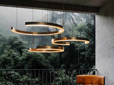 Contemporary Ring Design Chandelier with Warm Lighting and Lush Forest View in Interior 3d model