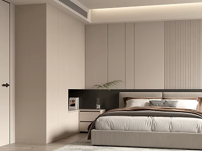 Modern Minimalist Bedroom Interior Design With Built-in Beige Wardrobe And Bedside Elements 3d model