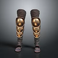 Medieval Brown Knee Armor With Golden Metal Plates And Leather Covering Gear