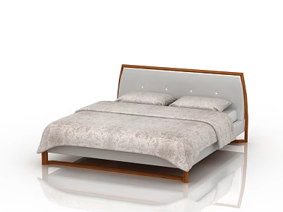 Double Bed with Wooden Frame Upholstered Headboard Button Tufted Floral Bedspread Modern Minimalist Style 3d model