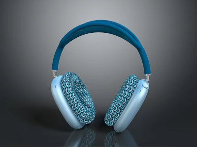 Comfortable Computer Headphones With Blue Headband And Woven White Ear Cups 3d model