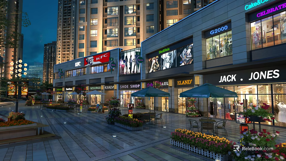 Vibrant Commercial Street With High Rise Buildings Retail Stores Billboards Outdoor Seating and Evening Lights 3d model 